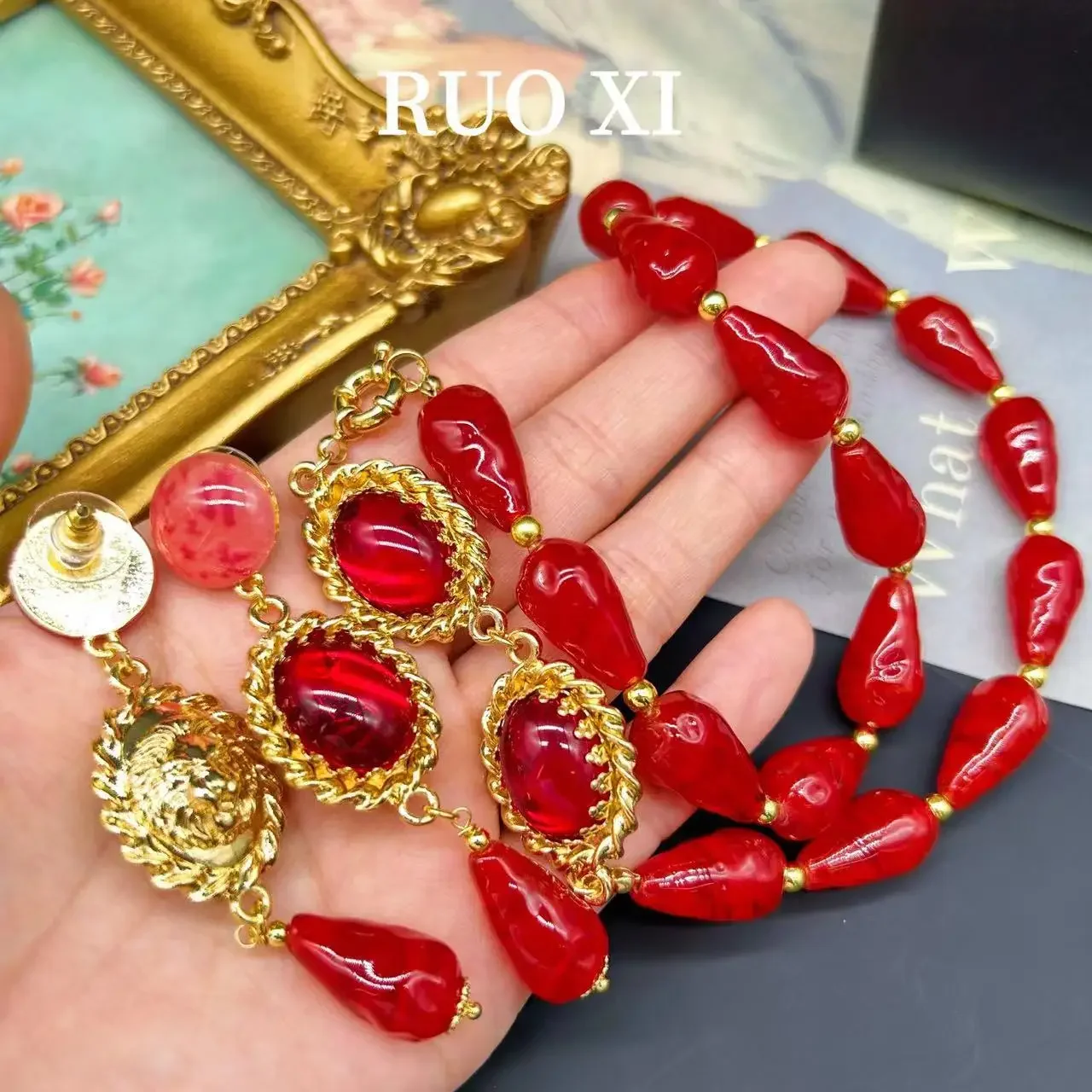 

Women's Earrings Glass Retro Tassel Water Drop Oval Lion Crystal Colorful Necklace Earring Set Office Lady's Fashion Trendy