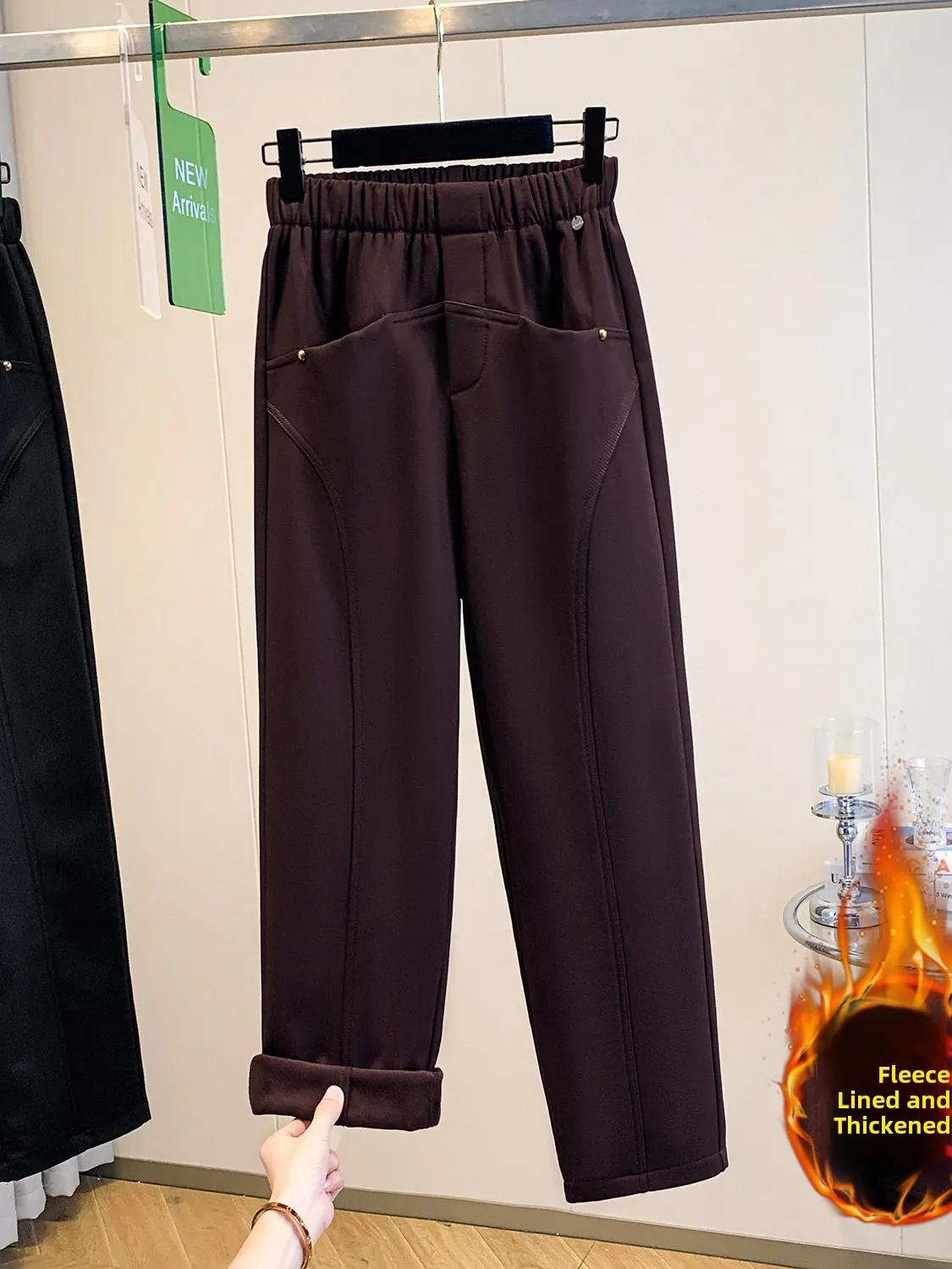 Inverno Thiened Fce Forrado Harlan Calças Casuais Femininas Plus Size Leggings Quentes Cintura Alta Calças de Corte Reto