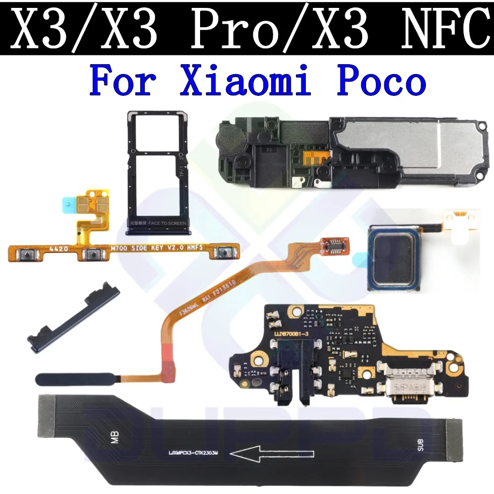 SIM Card Charging Port Board Fingerprint Sensor Off On Motherboard Flex Cable For Xiaomi Poco X3 Pro X3 NFC Top Ear Loud Speaker