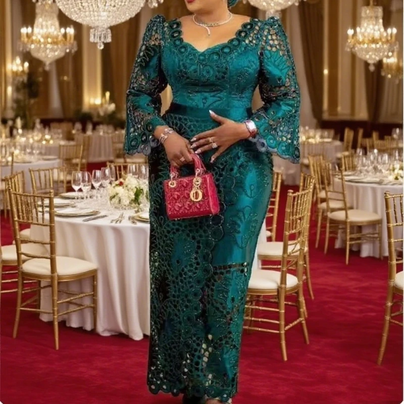 

Green Fashion Bride Mother Dress Elegant Lace Half Sleeve Embroidery Tight A-Line Long African Custom Banquet Dresses Customized