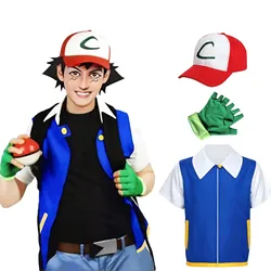 P-Pokemoning Go Anime niebieska kurtka kostium chłopcy dziewczęta Ash Ketchum Cosplay na imprezę karnawałową czapka trenera i zestaw rękawiczek