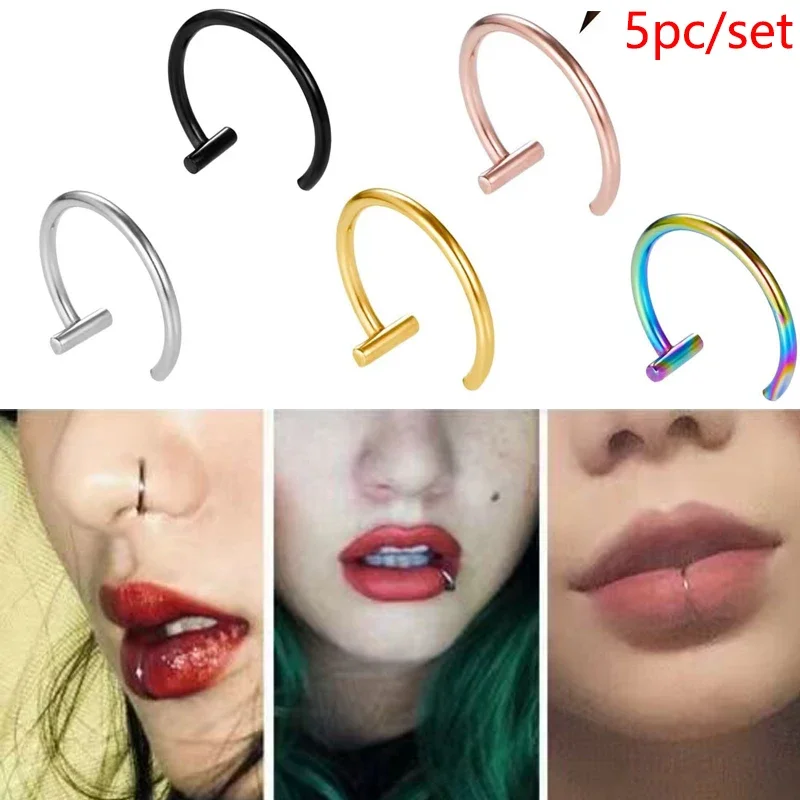 5Pcs/set Lip Nose Rings Neutral Punk Lip-shaped Ear Nose Clip Fake Diaphragm with Perforated Lip Hoop Body Jewelry Steel Ring