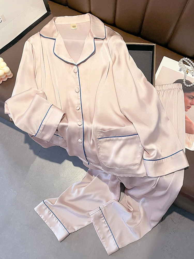 

New solid color lotus root powder sleepwear long sleeved 100% mulberry silk home suit set