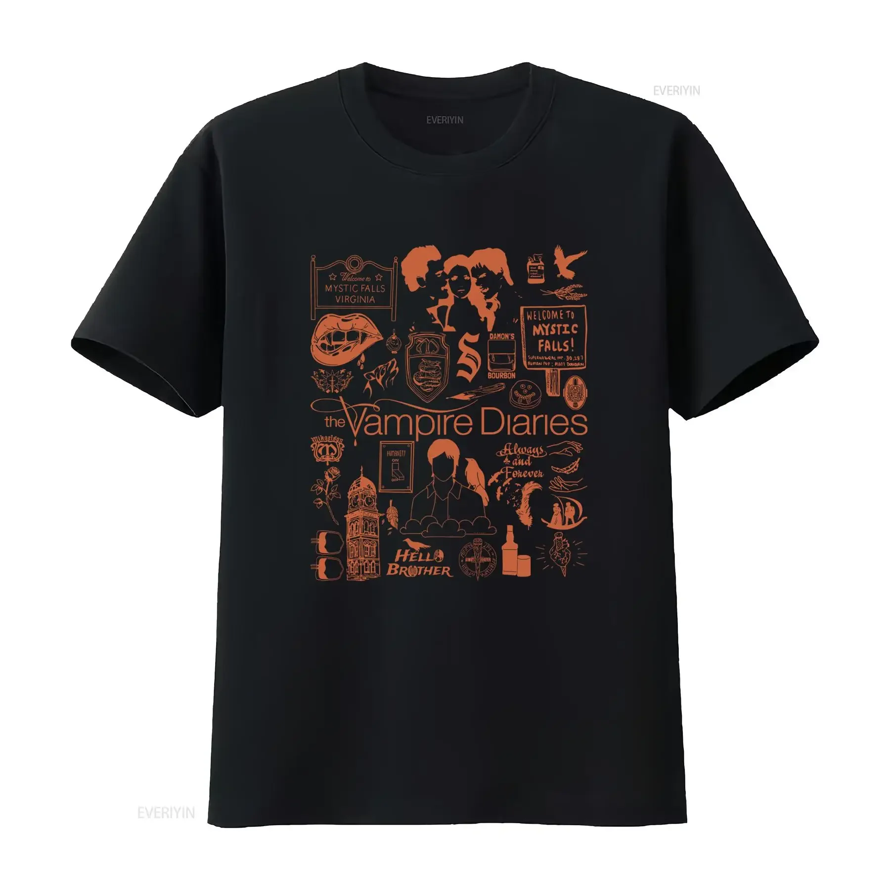 Vampire Diaries Horror Movie Doodle Art T Shirt Vintage Damon Salvatore Elena Gilbert Mystic Falls Design vintage Washed