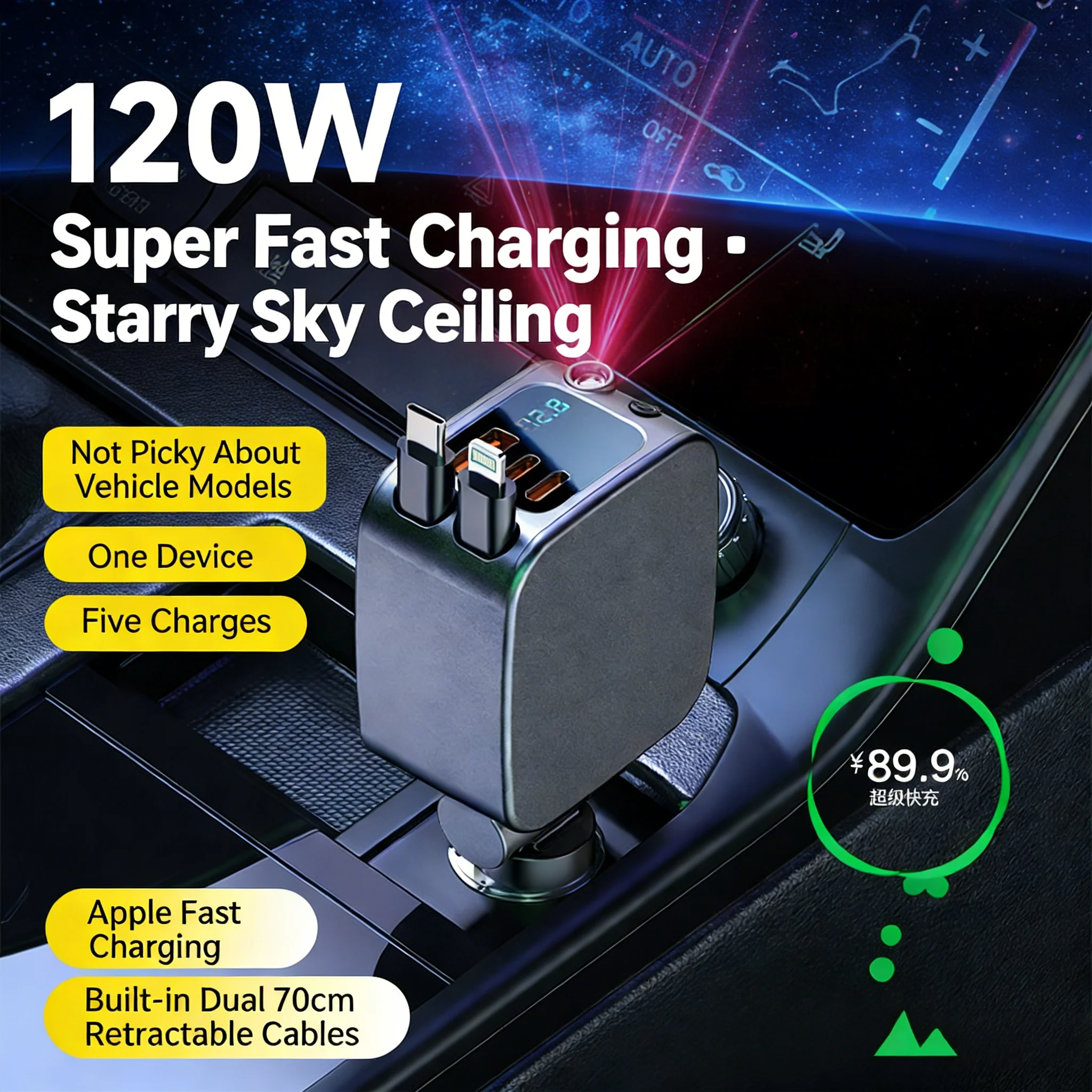 4 in 1 Retractable Car Charger for and Android Mini Size Fast Charging Starlight Retractable Car Charger With Cables