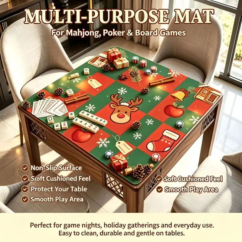 VIKAMA Christmas Mahjong Mat Red Green Plaid Reindeer Gift Pinecone Stocking Durable For Living Room Game Night Family Decor