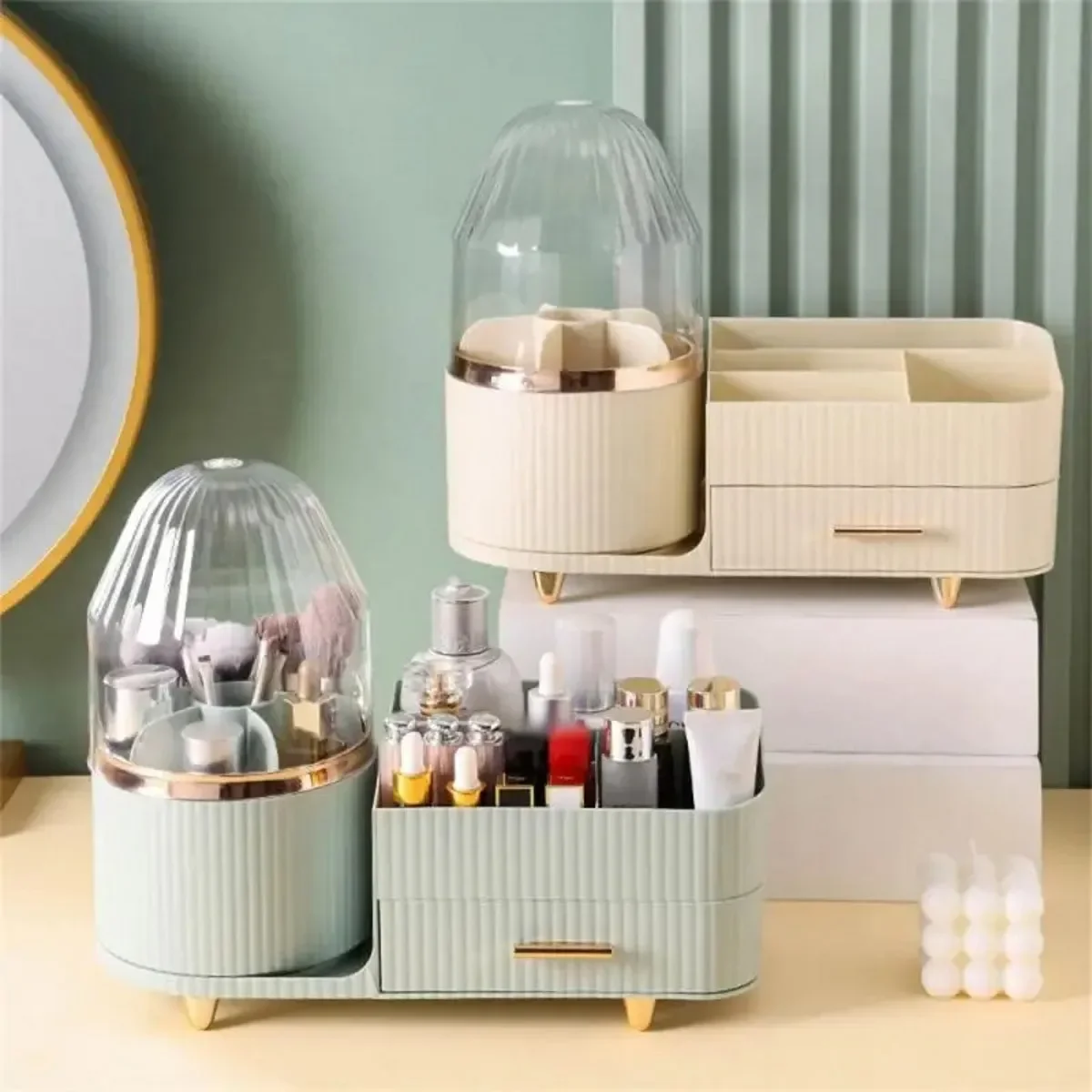 

Rotating Makeup Brush Holder Cosmetics Desktop Storage Boxes for Dresser Bathroom Bedroom Vanity Skincare Organizer