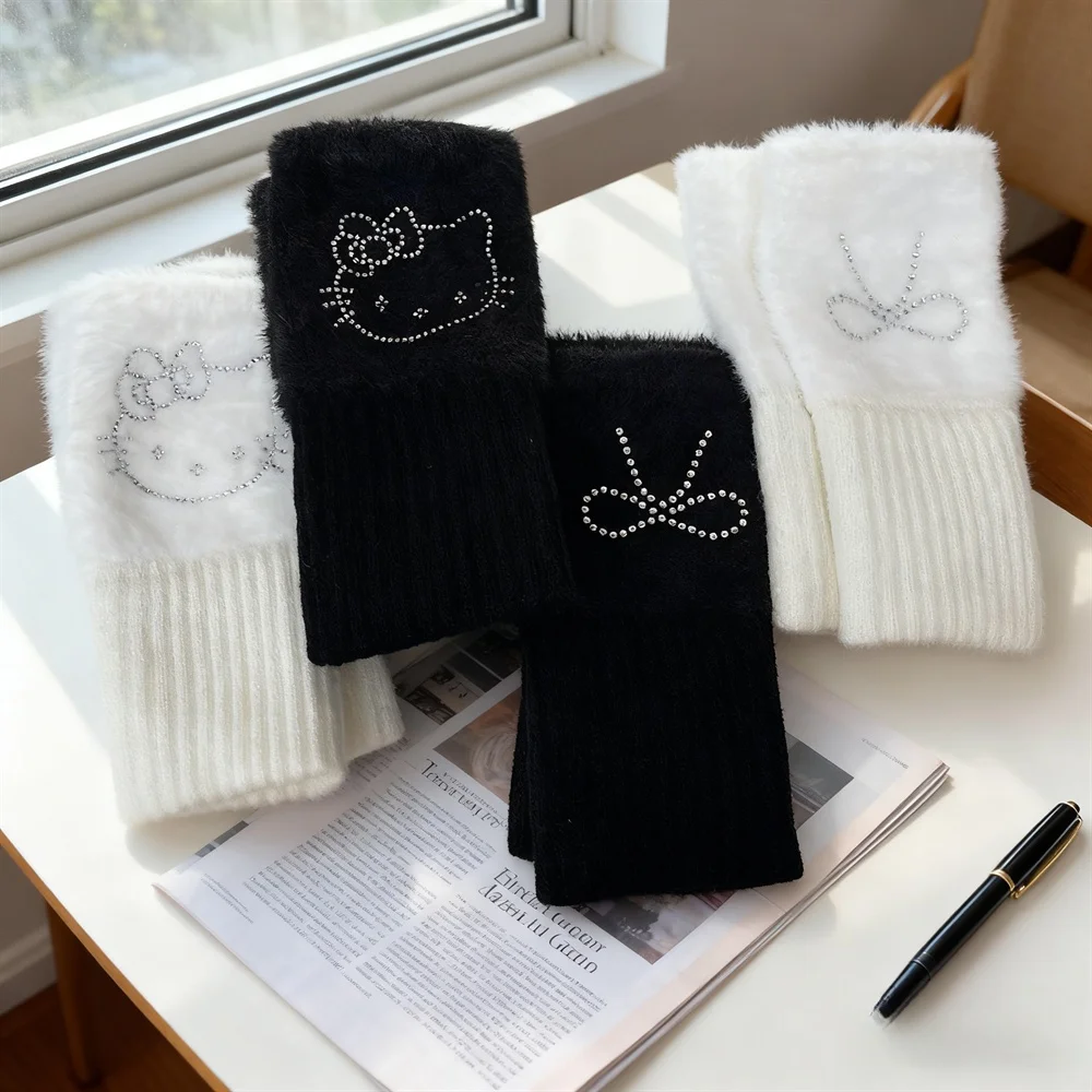 لطيف الكرتون القط محبوك نصف اصبع قفازات المرأة الشتاء أفخم سميكة الدافئة حماية المعصم طالب قفازات الكتابة 18.5*9 سنتيمتر #2