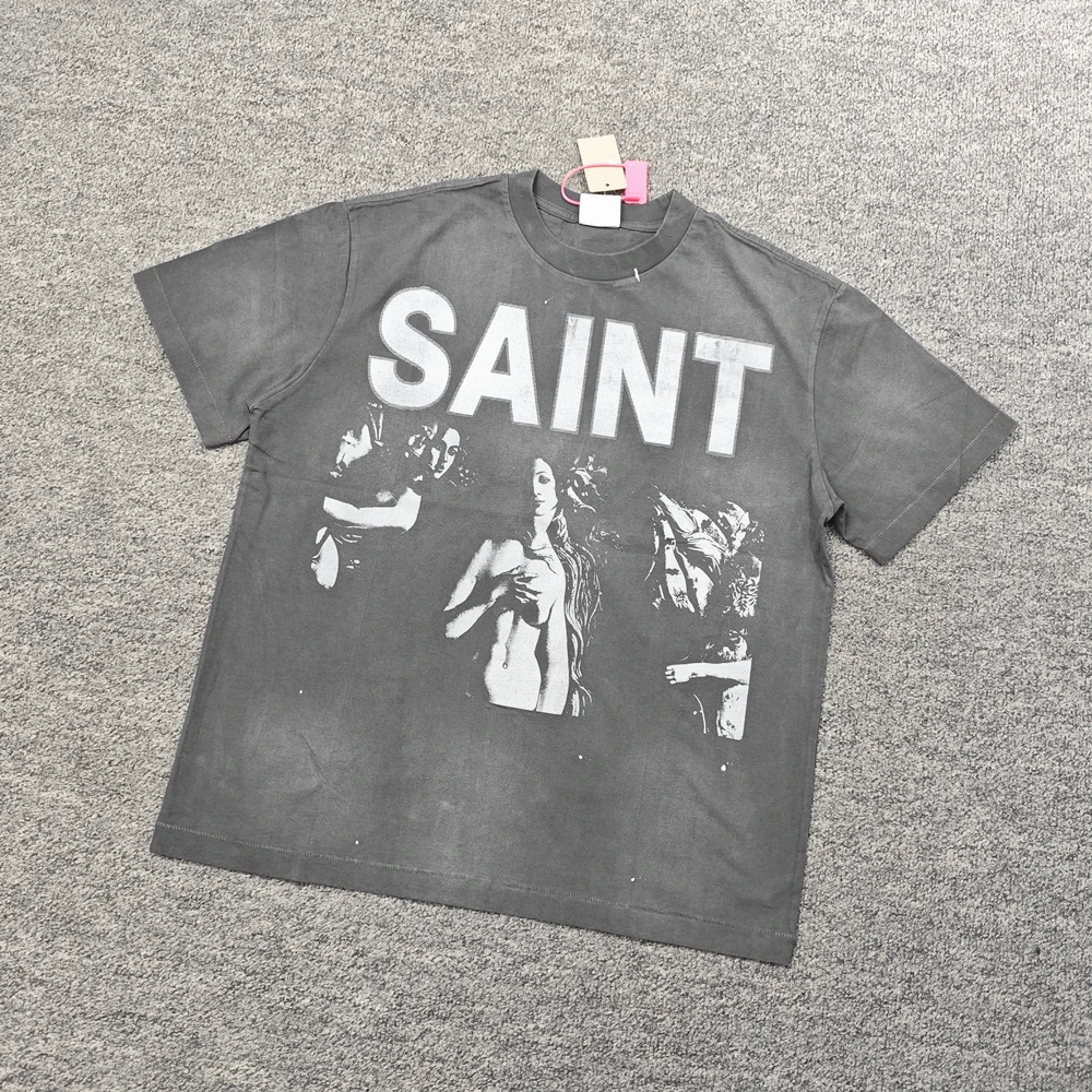Yao Fashion SAINT OF MICHAEL Unisex Summer Tee Retro Casual Streetwear High Street Y2k Washed Old Loose Tops T Shirt For Men