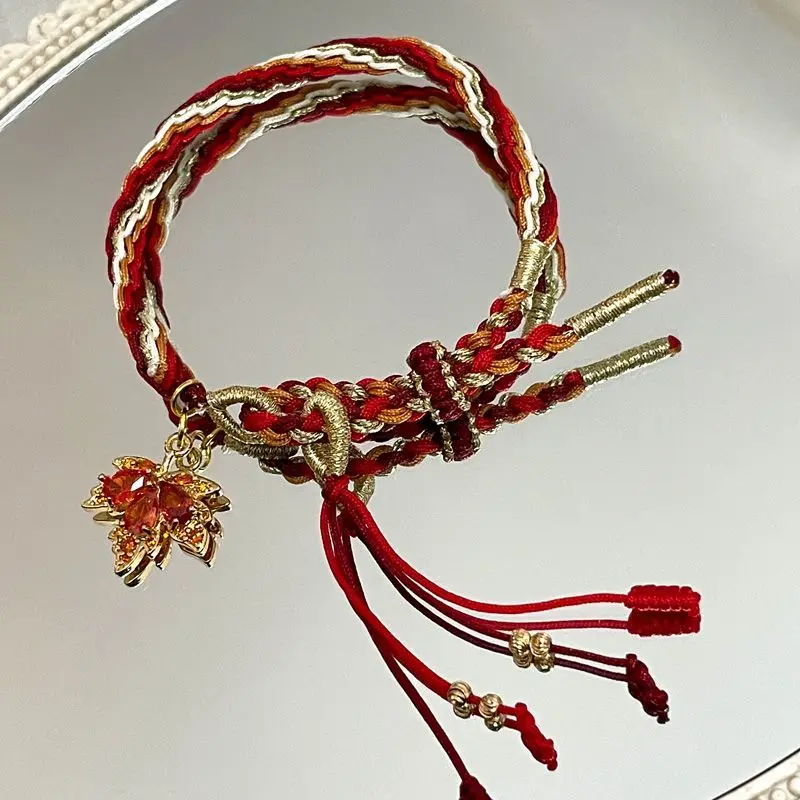 UMQ Handmade Red String Bracelet with Lucky Maple Leaf Pendant and Protection Charm