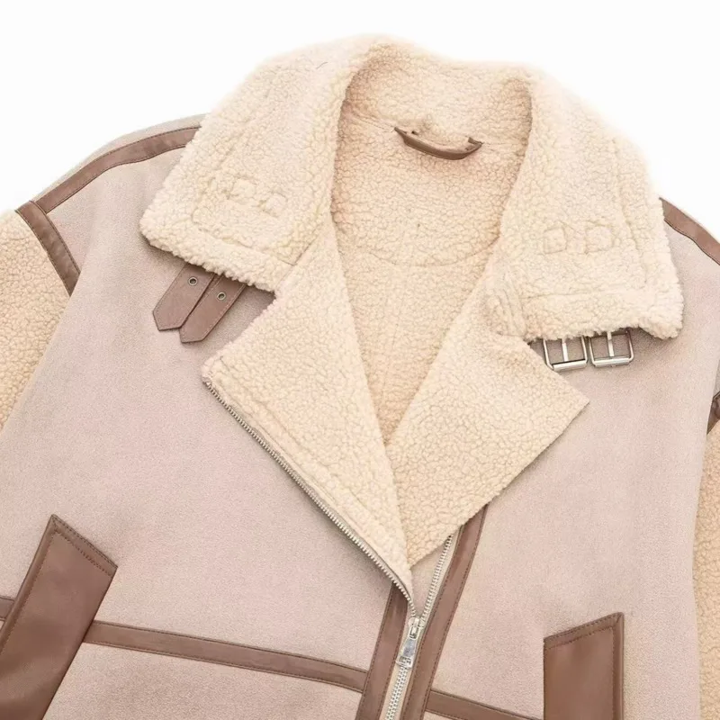 HKSH 겨울 신상 여성용 두꺼운 재킷 스탠드 칼라 지퍼 인조 스웨이드 패치워크 양털 PU 가죽 트렌드 인스 따뜻한 코트 HK15811