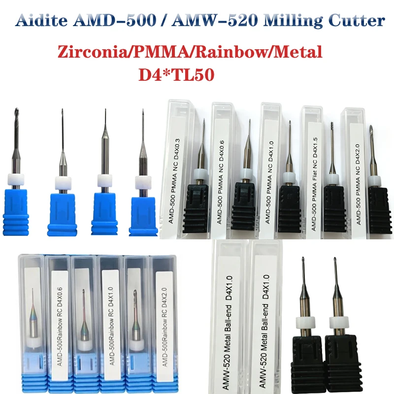 

Aidite AMD-500 AMW-520 Dental Lab Milling Burs Zirconia DC DLC Coated PMMA NC Rainbow Metal CADCAM Cutters shank 4mm Length 50mm