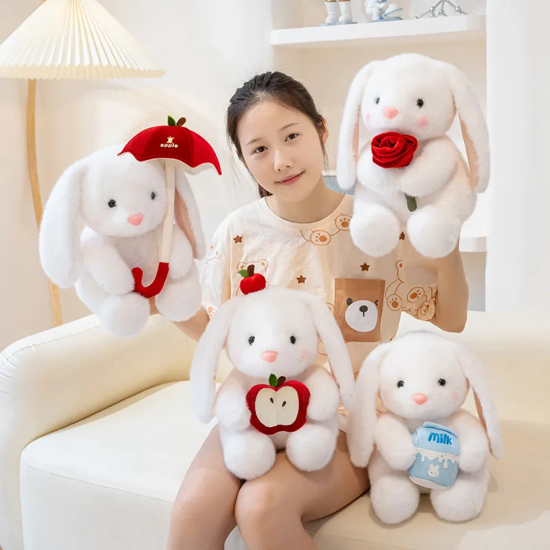Soft Fluffy Bunny Plush Toy White Plush Lop Ears Pink Inner Ears Hugging Design Cute Gifts Available in Styles 25cm 35cm