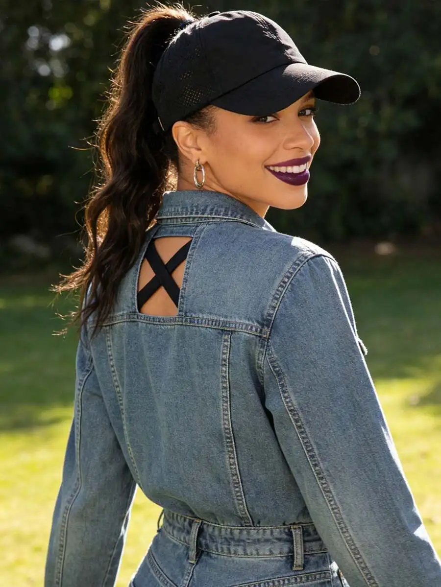 Distressed Cross Ponytail Mesh Baseball Cap Adjustable Outdoor Sun Protection Hat,Suitable For Travel Beach Y2K Style For Youth