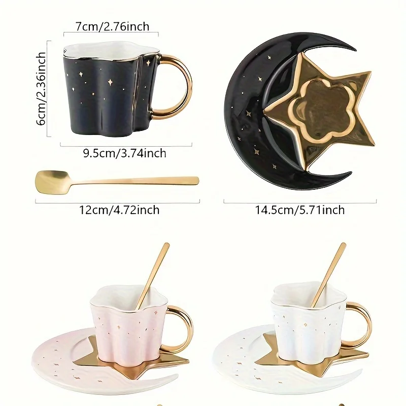 1set 120ml Coffee Mug Shimmering Star Moon Ceramic Teacup and Saucer Spoon Set Exquisite Decor for All Beverages Drinkware Gift