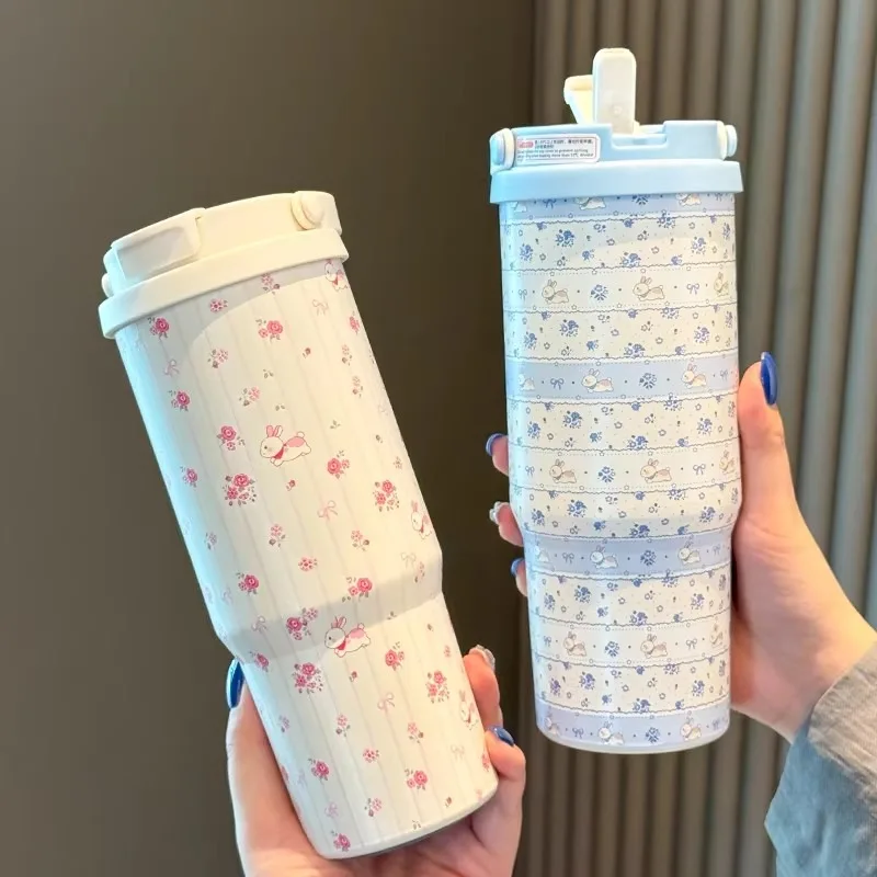 

Cute Flower Thermos Mug For Cold Hot Coffee Tea Large Tumbler Stainless Steel Car Insulated Water Bottle With Straw Gift 700ml