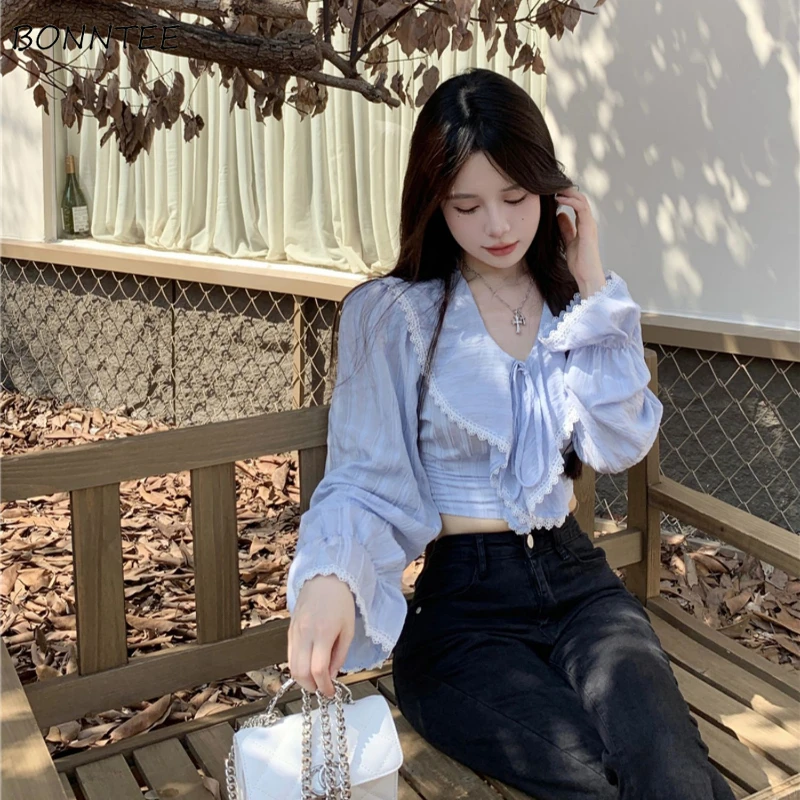 

Women Blouses Streetwear Ruffles Lace Faddish Crop Leisure Tops All-match Sweet Elegant Korean Literary Cozy Aesthetic Ulzzang