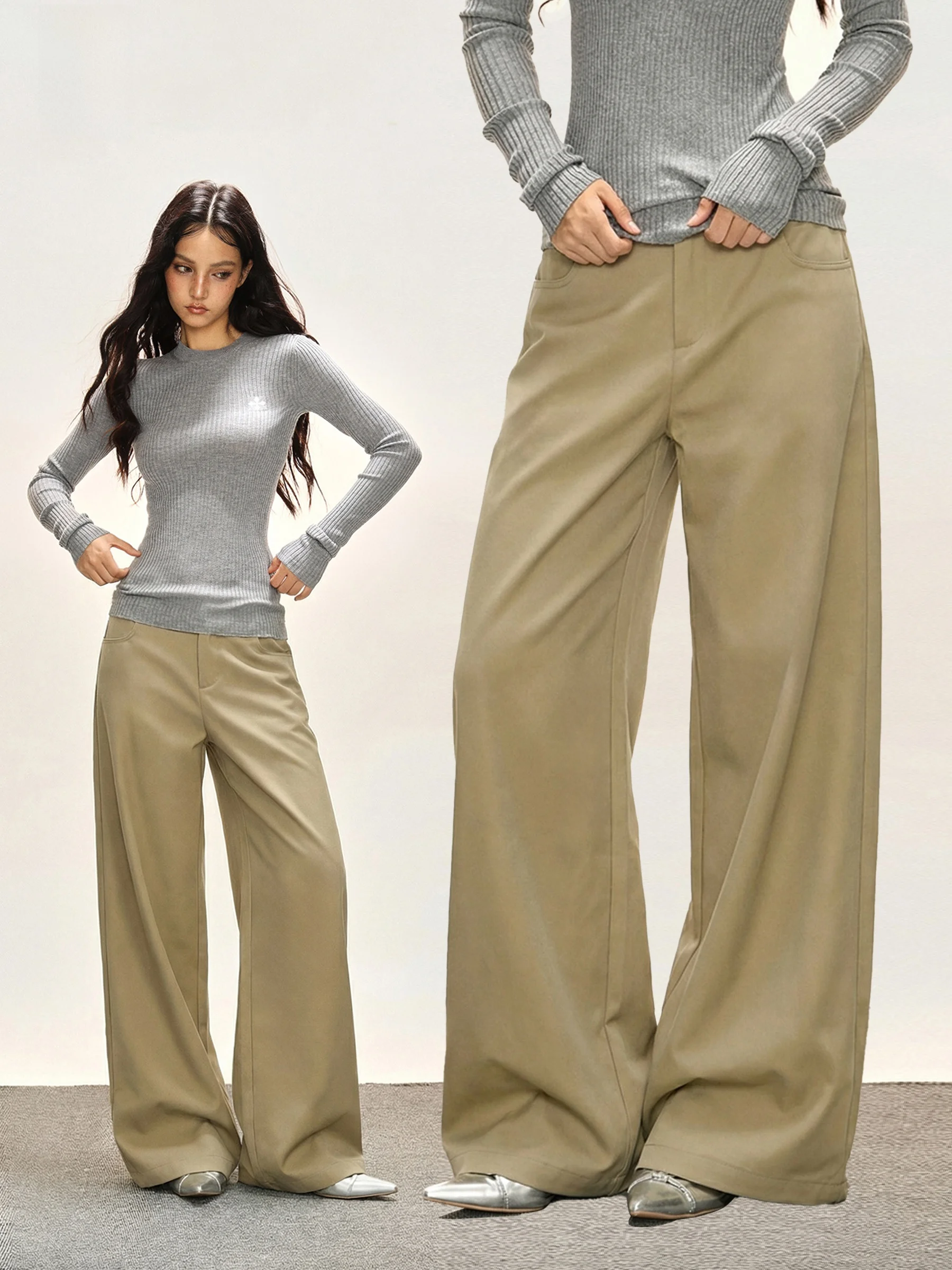 

Khaki Wide Leg Pants Women's High Waist Straight Cut Loose Floor-Length Casual Trousers November American Style Loose Fit