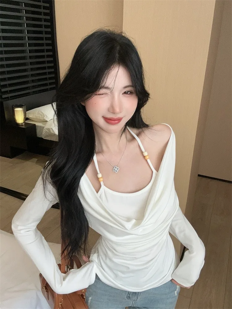 

Slimming Neck Hanging Shoulder T-Shirt Women's Style Exposing Clavicle Gentle Sexy Long Sleeve Top for Autumn Season