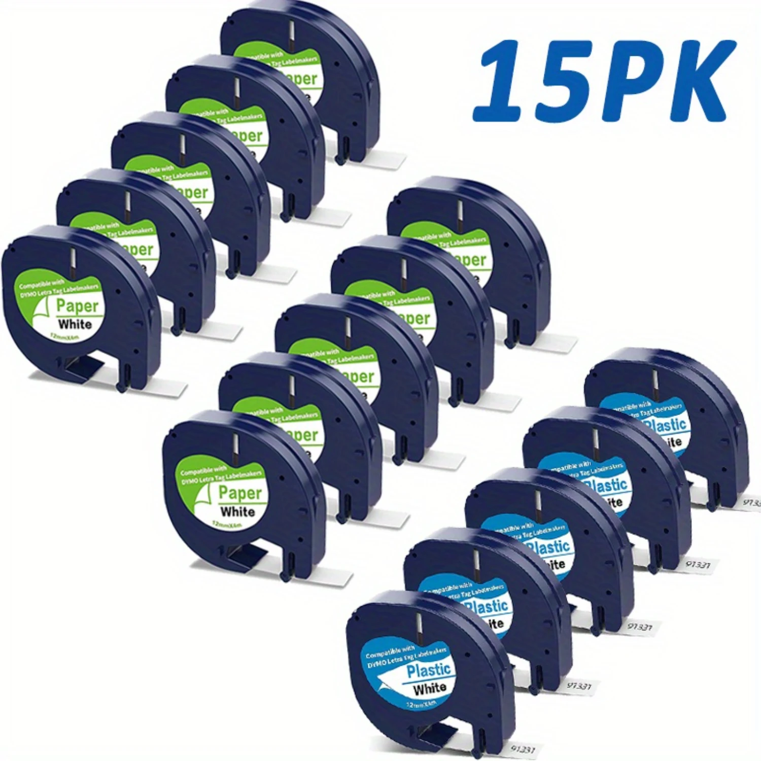 15-Pack Label Compatible with DYMO Label Maker LetraTag Refills 91331 White Plastic Label Tape 91330 Paper Label 12mm x 4m (1/2