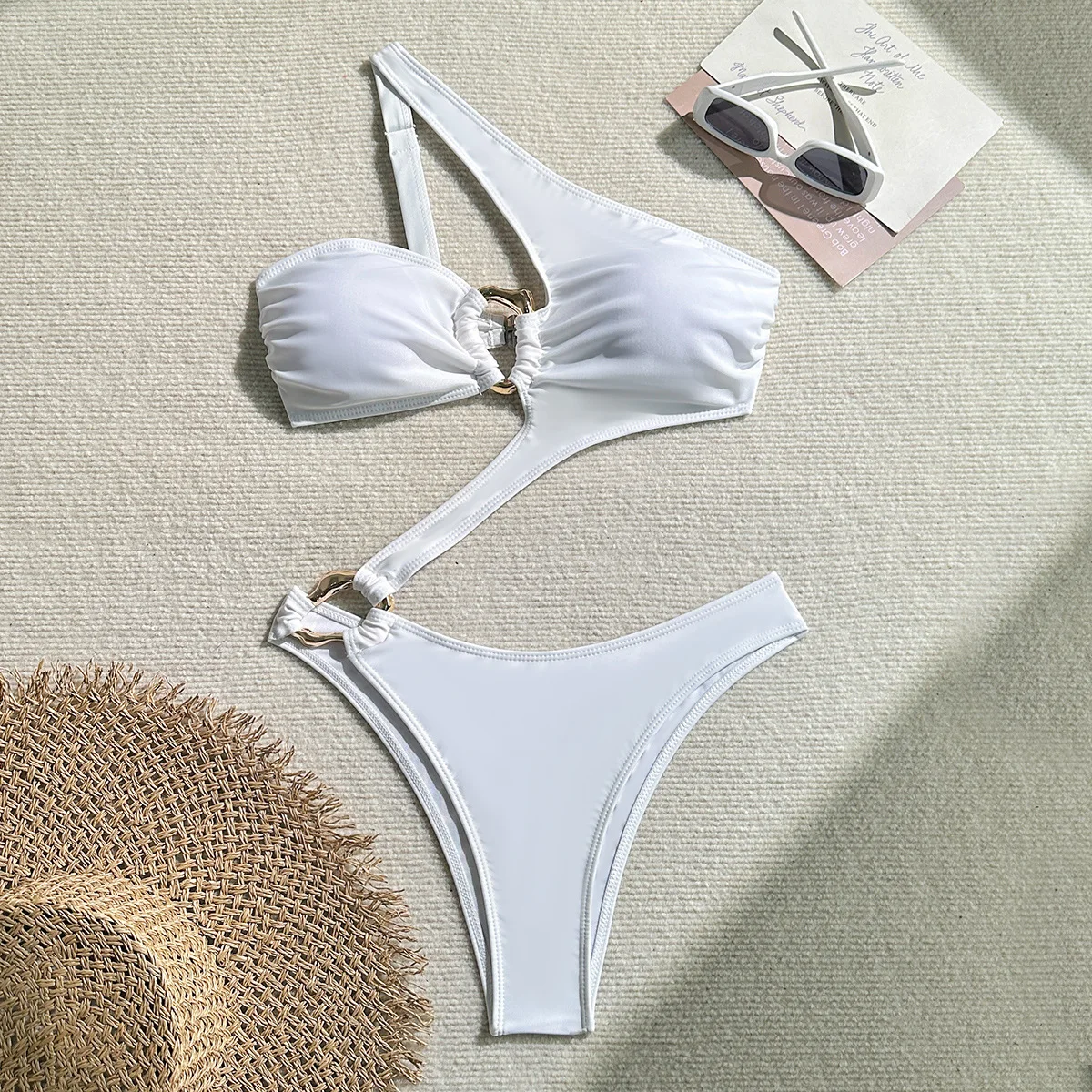 Asymmetric One Shoulder Monokini Cut Out One Piece Swimsuit Women Backless Swimwear Female Metal Ring Bather Bathing Suit Swim