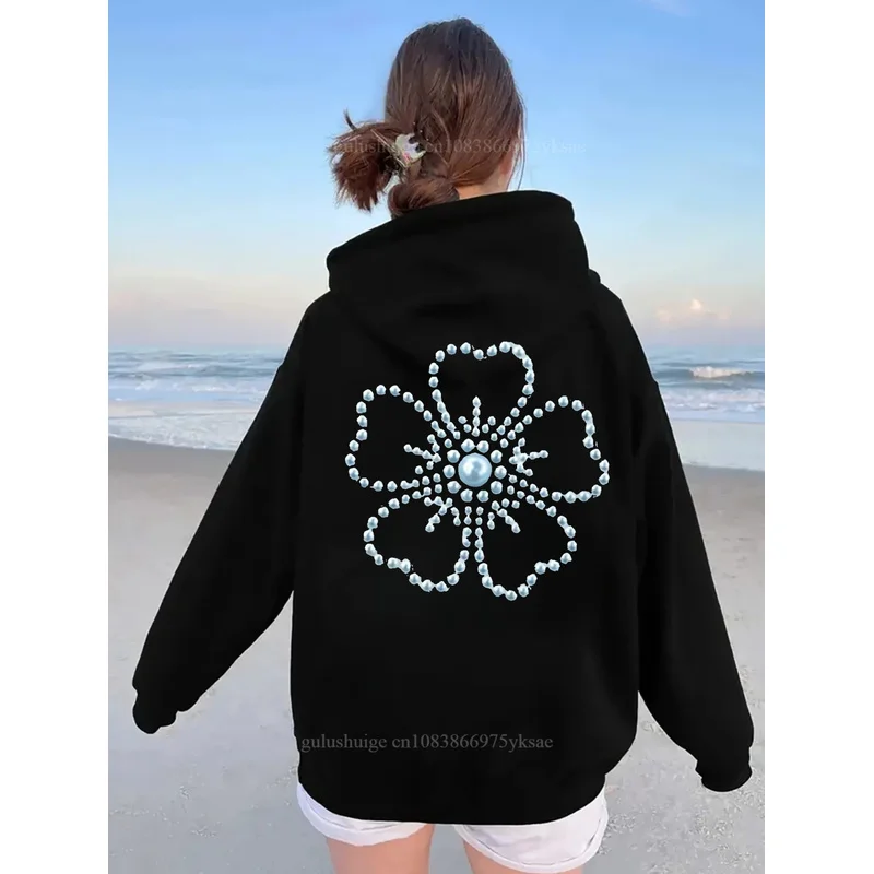 Y2K Streetwear Hoodie Halloween Gifts Pearl Flower Pattern Fall Clothes Autumn Winter Daily Wear Gift For Her