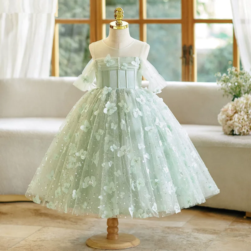 Hochwertiges Mädchen-Geburtstags-Prinzessinnenkleid, Grünes Kleid für Klavierauftritte, Kindergarten-Moderationsauftritt, Blumenmädchenkleid A5070 – Detail 3