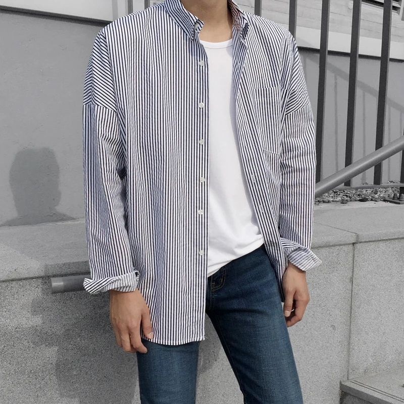 

MRCYC Autumn Casual Striped irt Men's Hong Kong Sle Japanese Loose Teenage Outerwear Trendy Long Sve Polyester Fiber