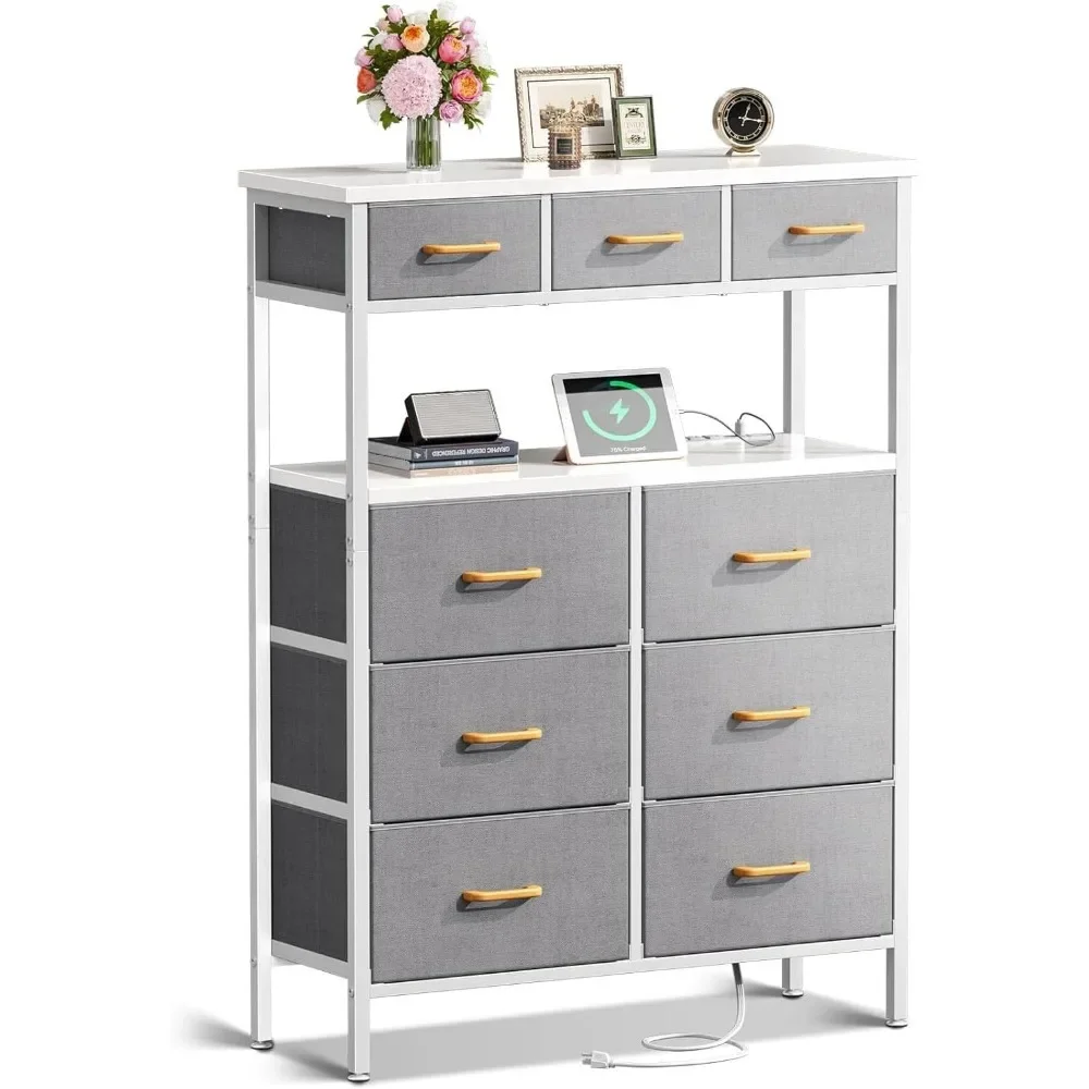 

Dresser with Charging Station - 52 Inch Tall Bedroom Dresser with 9 Storage Drawers - Large Fabric Dressers for Hallway