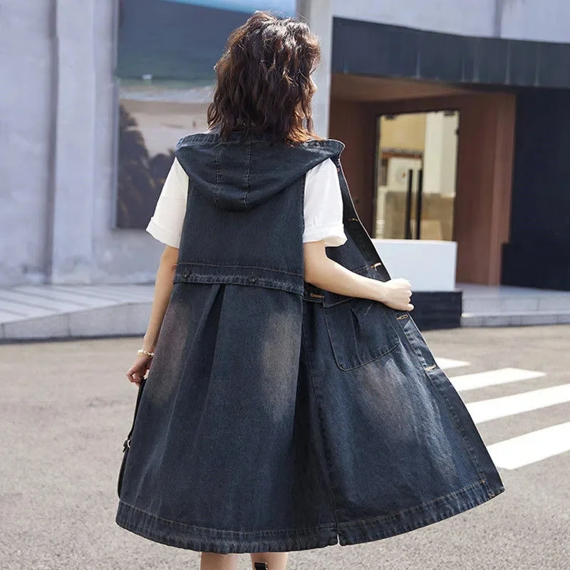 Retro Pocket Hooded Long Knee-Length Denim Vest Female Summer Long Sleeveless Windbreaker Vest Waistcoat Vest Spring and Autumn