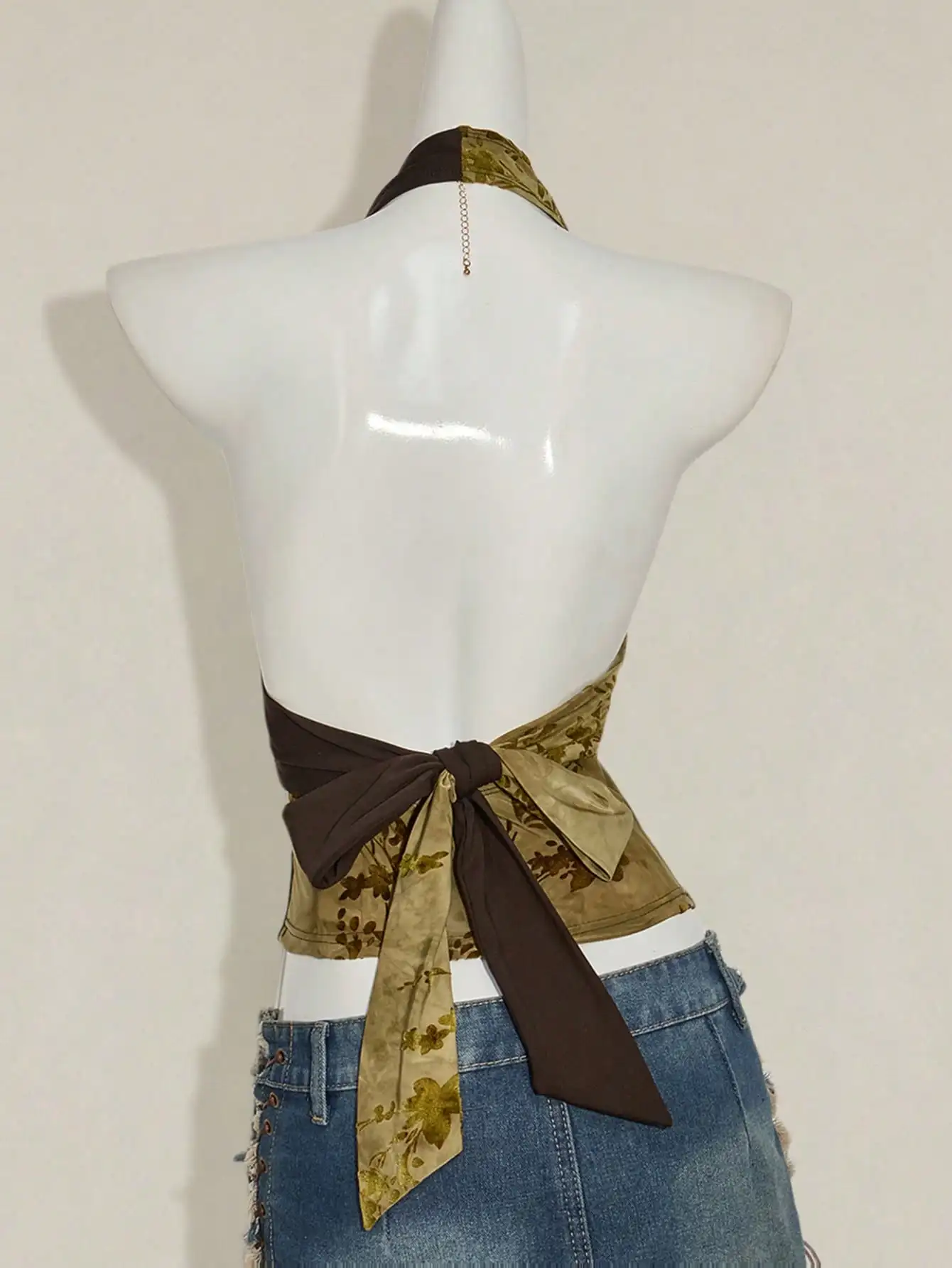Vintage Burnout Pattern Halter Top, V-Neck Backless Strap Back, Sexy Brown Summer Holiday Tank Top for Women