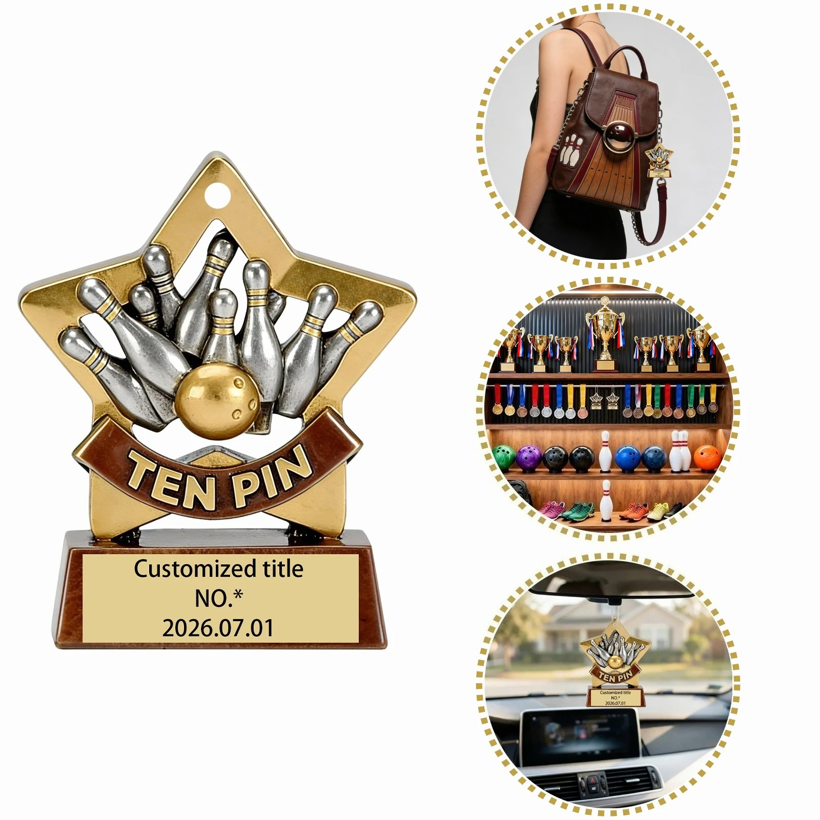 Custom Trophy Shaped Acrylic Bag Charms With Five-Pointed Star Frame Custom Print Text/Name/Date  Trophy Shape Car Hanging