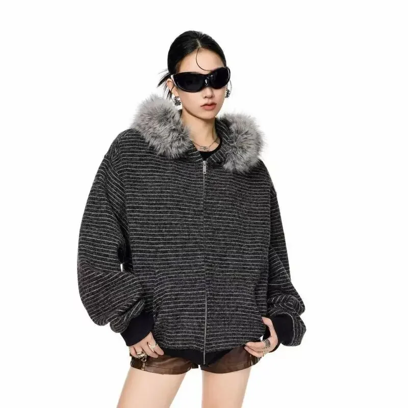 

American Retro Fur Collar Couple Hooded Coat Tops Female Male Autumn Winter Zipper Cardigan Sweatshirt Coat Oversize Jacket