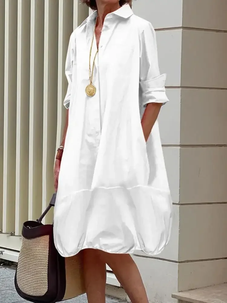 UOOZEE Female Fashion Simple Solid Color Lapel Shirts Dress 2024 New Spring Long Sleeves Loose Casual Daily Midi Dresses