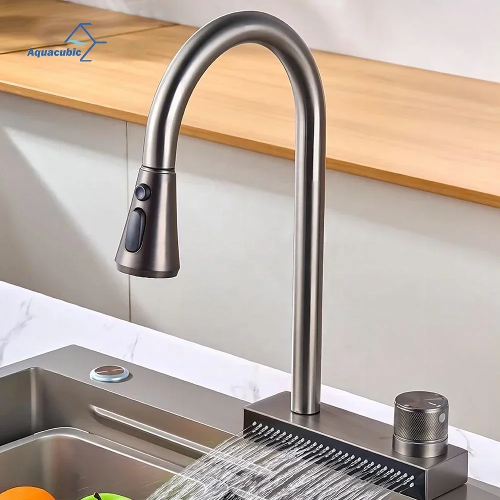 China Black Waterfall Kitchen Faucet with Pull Down Sprayer Sink Faucets Single Handle Grey Mixer Tap