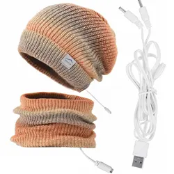 Gorro con calefacción eléctrica USB y calentador de cuello para mujer, conjunto de gorro de esquí grueso de punto suave y transpirable, para Navidad