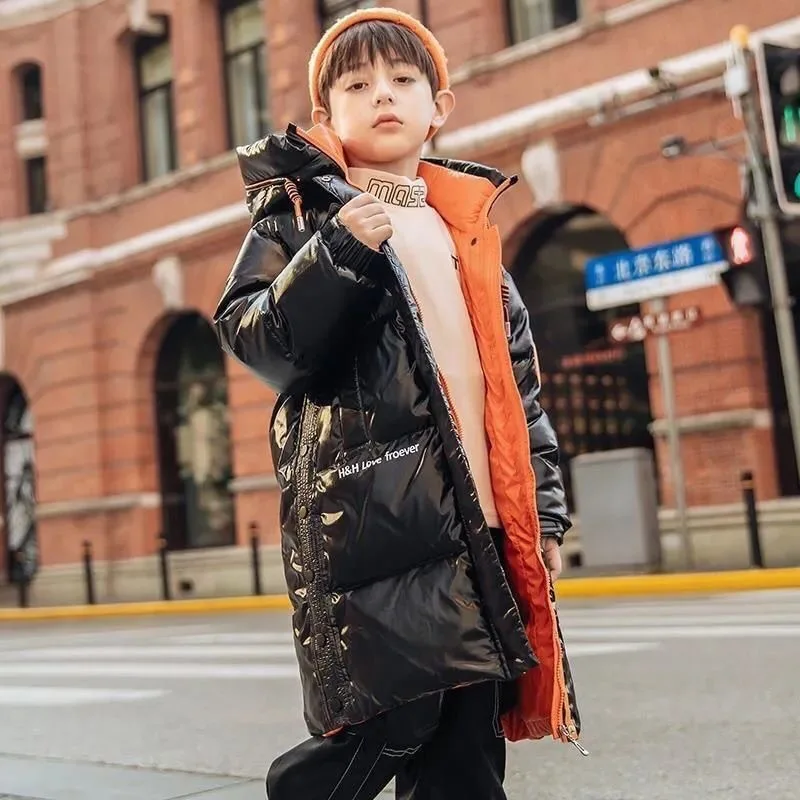 Winter Kids Warm Long Down Coats Girls Boys Thick Plus Velvet Jackets Teen Hooded Waterproof Parka Freezing Resistance Outerwear