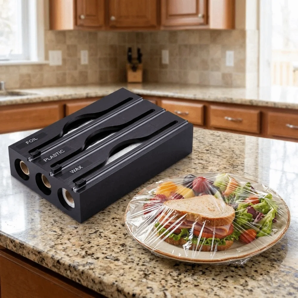 Bamboo Cling Film Cutter Box 2 /3 Grids Refillable Plastic Wrap Cutter Box with Slide Cutter Wall Mounted Wrap Dispenser