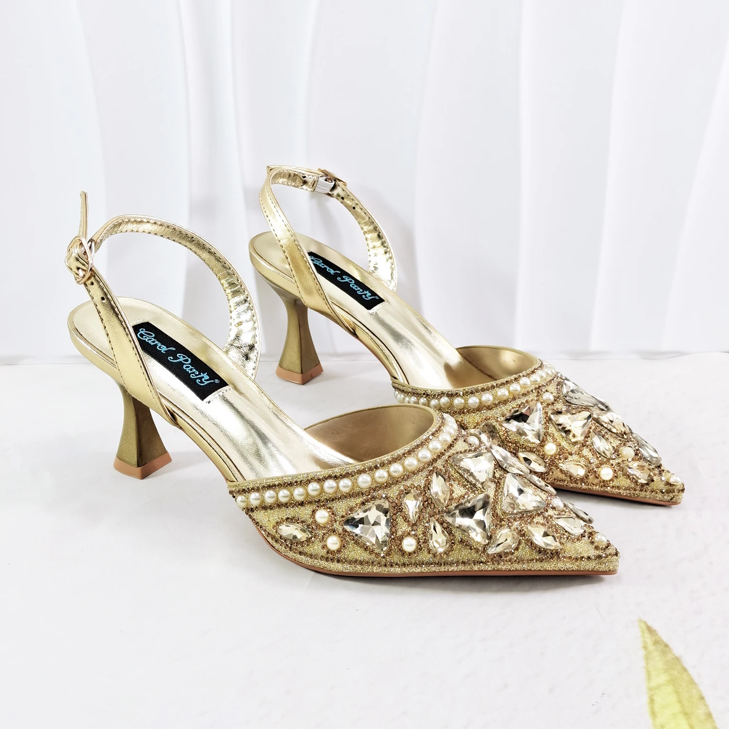 New Arrival Gold Color Party Wedding Rhinestone Pearl Slingback Pumps Top Handle Handbag Women Prom Formal Crystal Heels