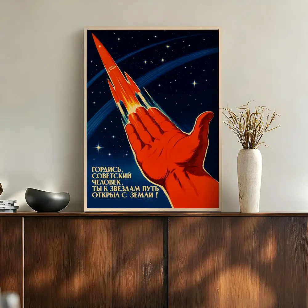 Soviet Space Age Rockets Cosmonauts Retro Propaganda Style Poster Modern Aesthetic Wall Art for Home Bar Cafe Bathroom Decor