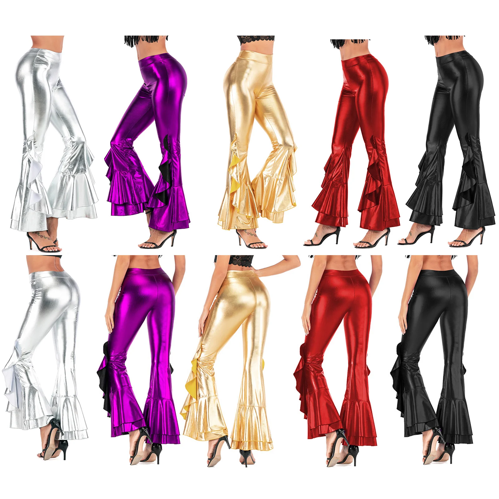 Womens Metallic Ruffle Flared Pants Fashion High Waist Bell-Bottomed Trousers for Dance Party Music Festival Club Raves