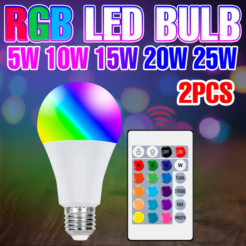 

2 шт., 25 Вт, светодиодная RGB лампа E27, 16 цветов, люстра с дистанционным управлением и регулируемой яркостью, 220 В, атмосферное освещение, карнавальная вечеринка, 110 В