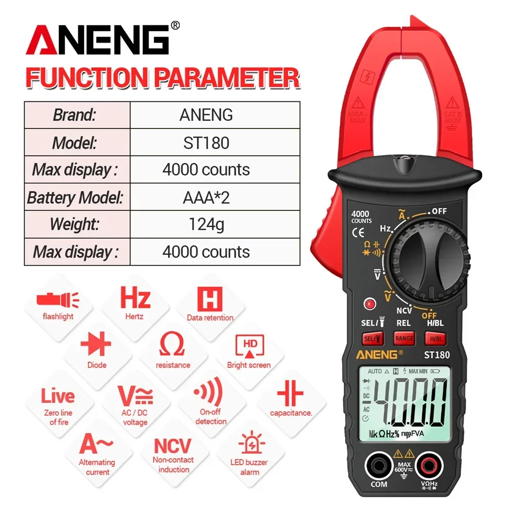 ST180 4000 Counts Digital Clamp Meter AC Current Multimeter Ammeter Voltage Tester Car Amp Hz Capacitance NCV Ohm Tool