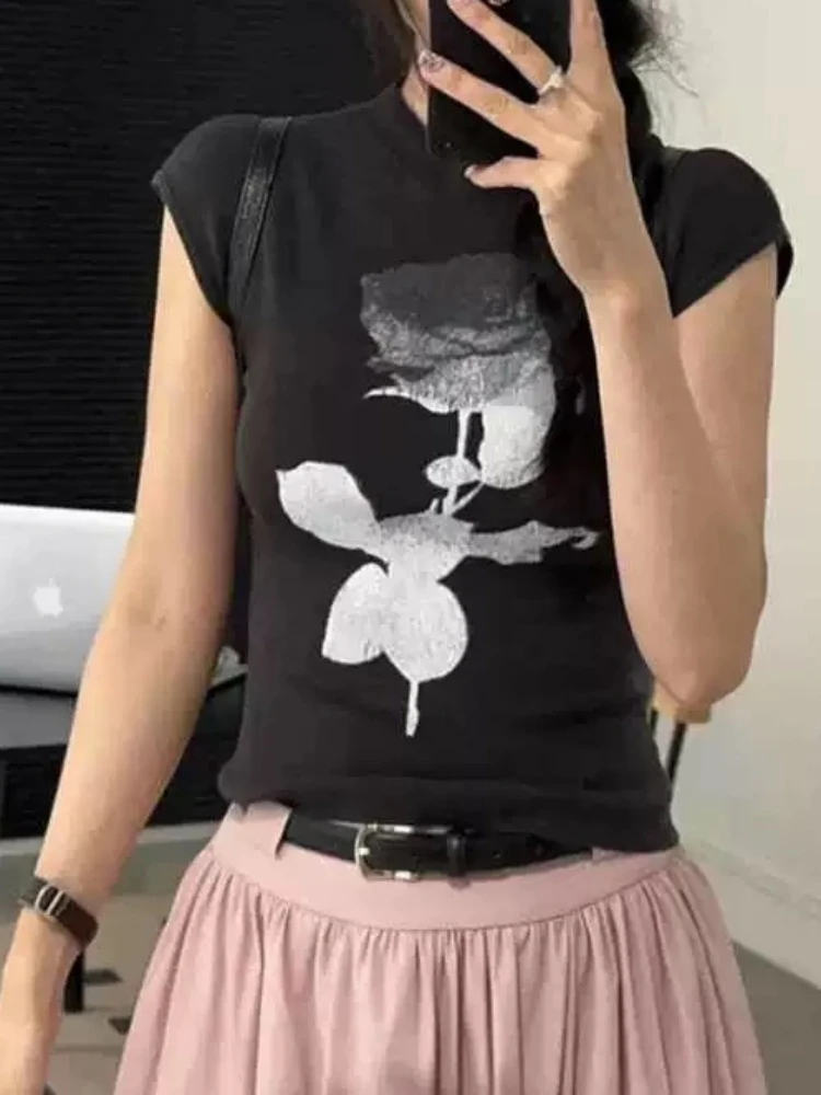 T-shirts Women Floral Print Summer Korean Style Shinny Charming Youthful All-match Chic Streetwear Holiday Ins Cozy Students New