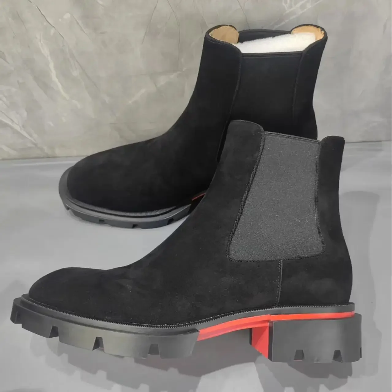 

Black Genuine Leather Flannel Red Sole Short Boots For Men Round Toe Slip On Boats Male Chunky Low Heels Thick Sole Shoes Mature