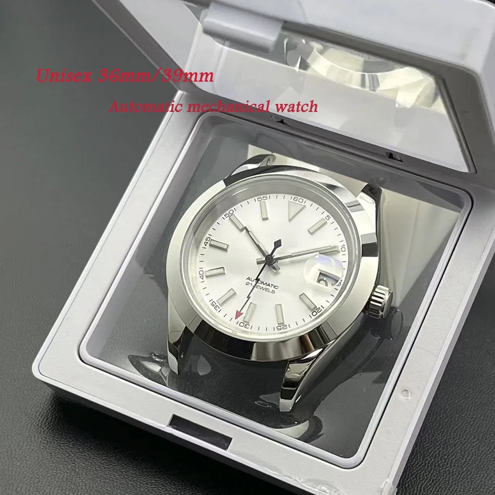 Unisex 36mm/39mm Silver Stainless Steel Mechanical Watch with Chinese NH35 Movement White dial date display Green pointer