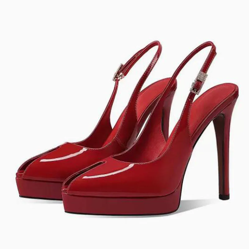 Sexy Red Black Nude Patent Leather Peep Toe Platform Single Shoes Summer Slingback Buckle Strap High Heel Party Dress Shoes Lady