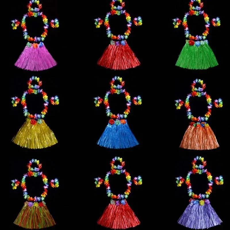 Women Girl Hawaiian Hula Dancer Grass Skirt Flower Wreath Hairband Necklace Costume Party Birthday Wedding Festival