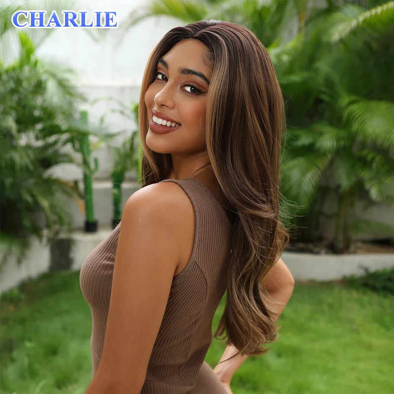 Natural Brown Blonde Long Wavy Lace Front Synthetic Wigs Highlight Wig Middle Part Transparent Lace Hair for Women Daily Party