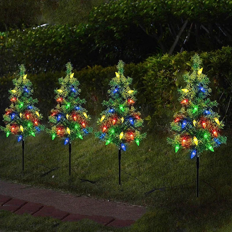 4-Pack Solar Small Christmas Tree Lights Lantern Mini Xmas Tree With Lights For Outside Pathway Porch Yard Decorations Durable